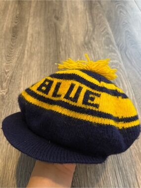 University of Michigan BLUE Maize & Navy Knit Visor Beanie Hat Pom Pom